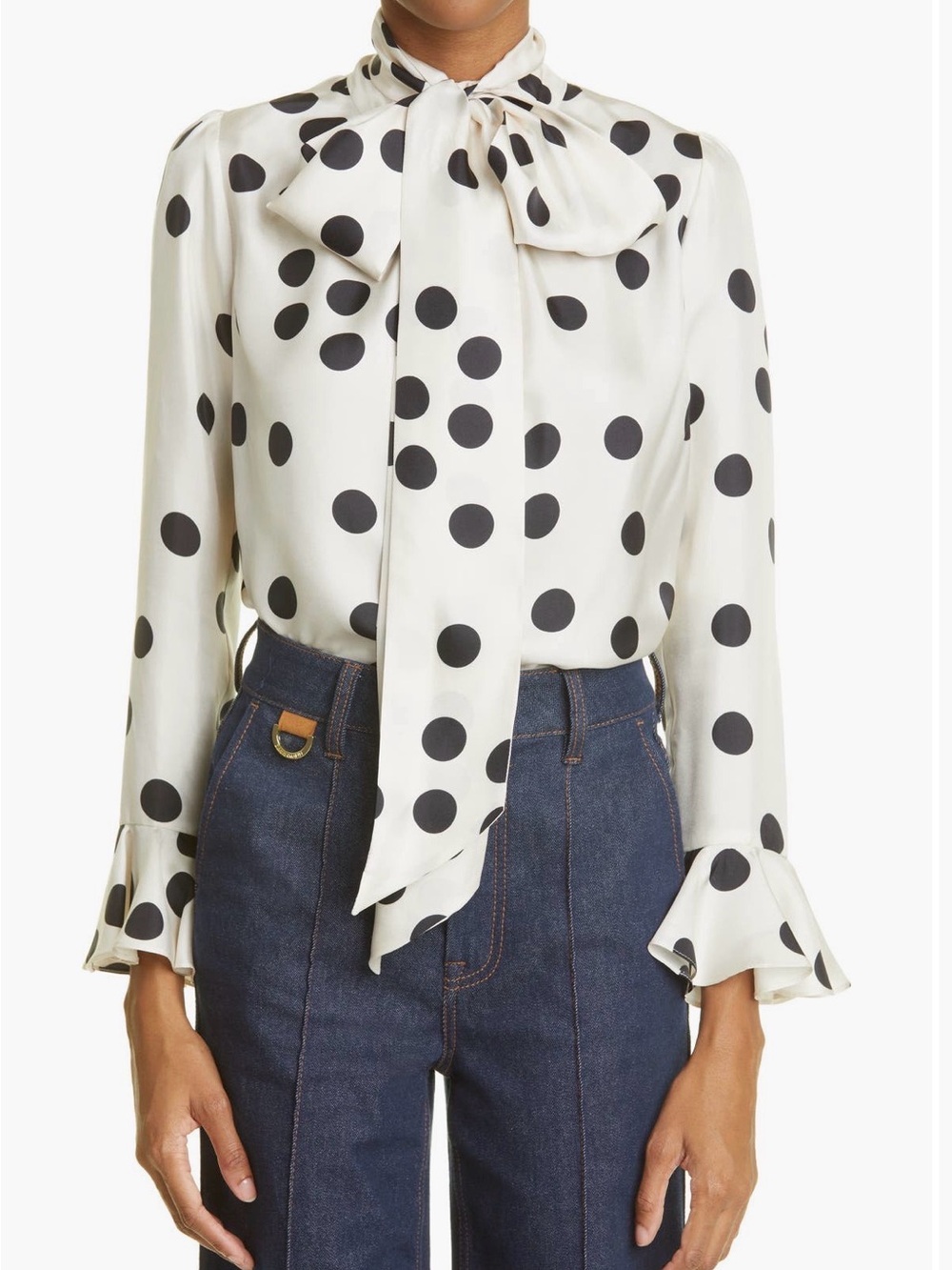 Zimmermann Confetti Ivory and Black Polka Dot Tie-Neck Blouse with Fluted Cuffs